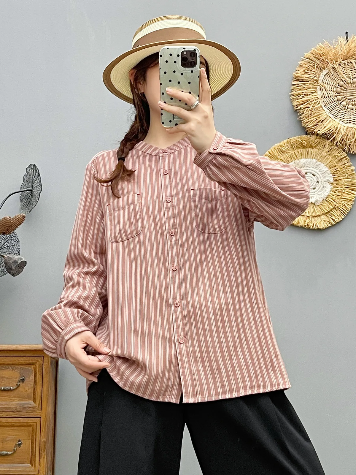 جديد 2025 الخريف غزل القطن قميص طويل الأكمام ، المرأة الوقوف جيب مخطط ، موري فتاة موضة بلوزة فضفاضة غير رسمية T59918CC