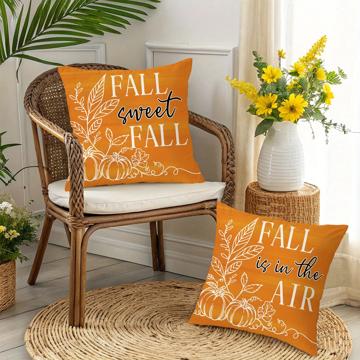4pcs Fall Pumpkin Printed Throw Pillow Covers 18x18 Inch, Buffalo Plaid Maple Leaf Pattern Farmhouse Thanksgiving Decor