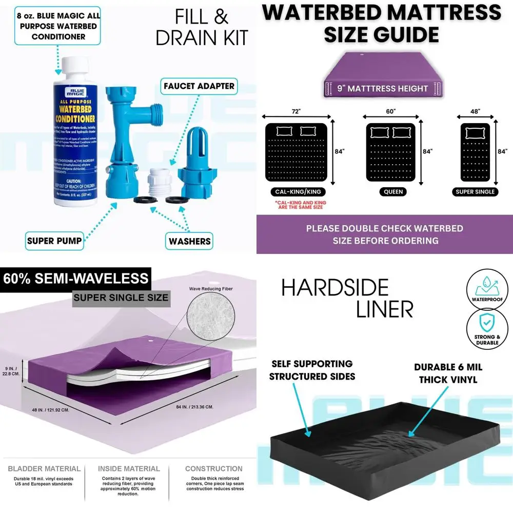 

Комплект матраса для водной кровати с жесткой поверхностью (60% без волн) с двумя слоями из волокна, нагревателем 300 Вт, вкладышем, комплектом для наполнения/сцеживания и кондиционером - Нет