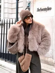 Elegant Furry Faux Fur Warm Short Coats Women Loose Turn-down Collar Long Sleeves Jacket 2024 Winter Lady Thick Outwear