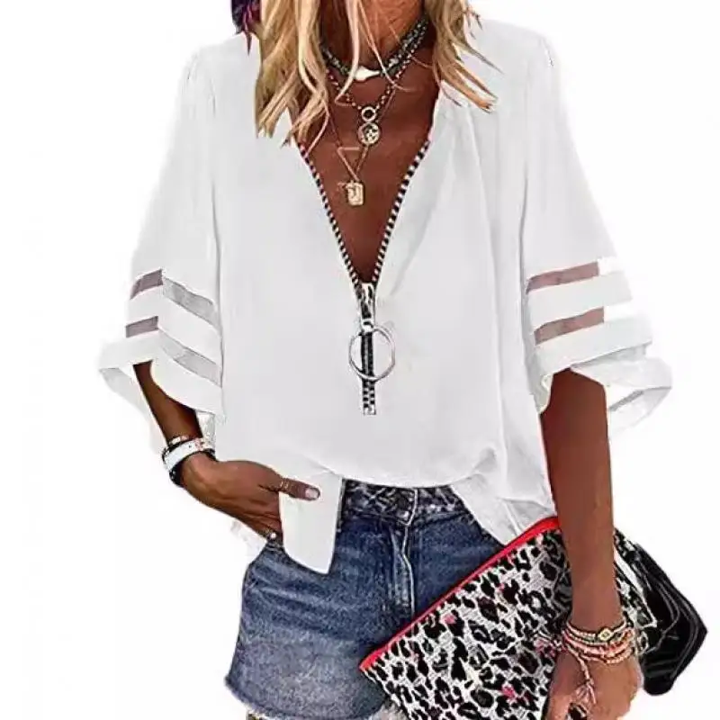Women\'s Casual Loose V-neck Half-flat Sleeve Blouse 2025 Spring Summer Tops Streetwear Ladies Spliced ​​zipper Solid Shirts