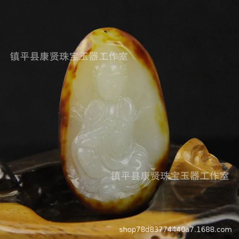 Natural Hetian Guanyin With Skin, Jadeite, Jade God Of Wealth Pendant