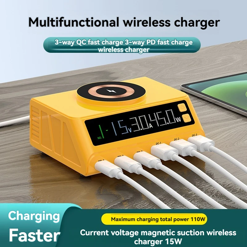 Multi-function magnetic wireless fast charger, 6 ports (3usb port 3pd port) Fast charging with digital display, for tablets