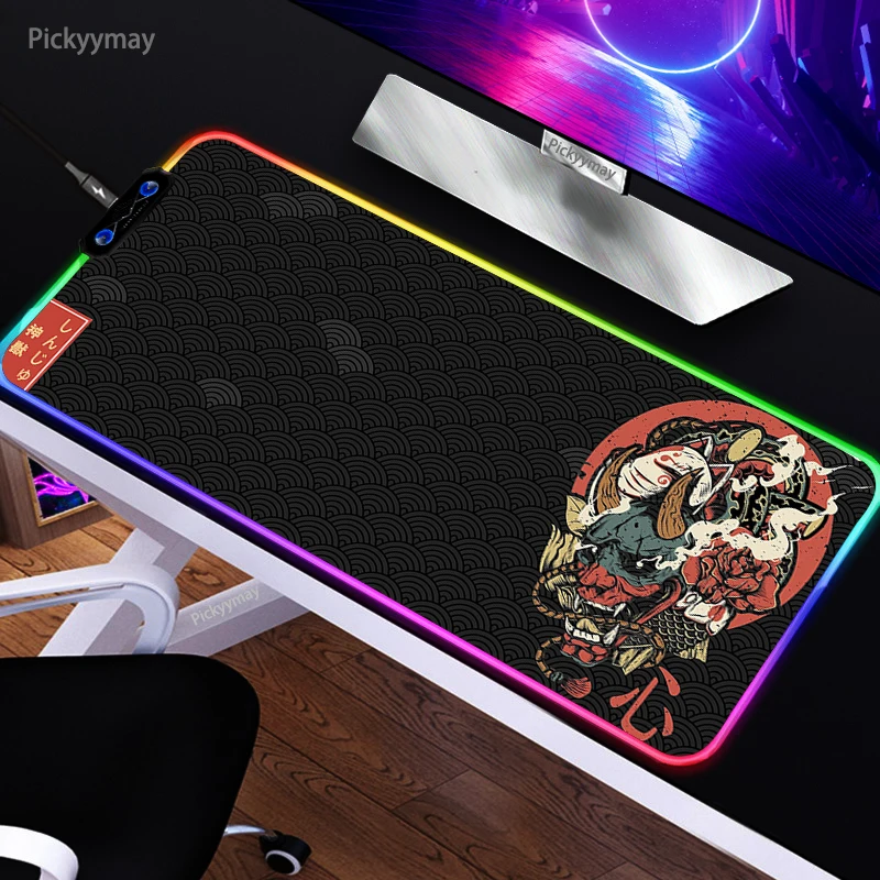 RGB Gaming Mousepad Japan Oni Mouse Mats LED Large Gamer Mousepads XXL Keyboard Pads Luminous Desk Mat Mouse Pad Backlit