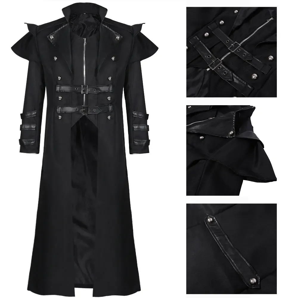 Disfraz de Halloween Medieval Steampunk de Elfo Asesino Pirata para Adultos, Chaqueta Larga Negra con Aberturas, Armadura Gótica, Abrigos de Cuero