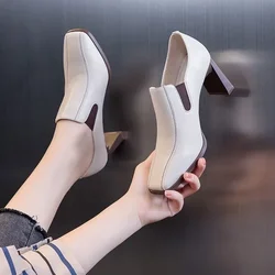 Autumn Women Pums Cozy Work Shoes Slip-On 2024 Vintage Pumps Dress Prom Career Thick Heel 7cm Ladies Shoes Square Toe Pumps