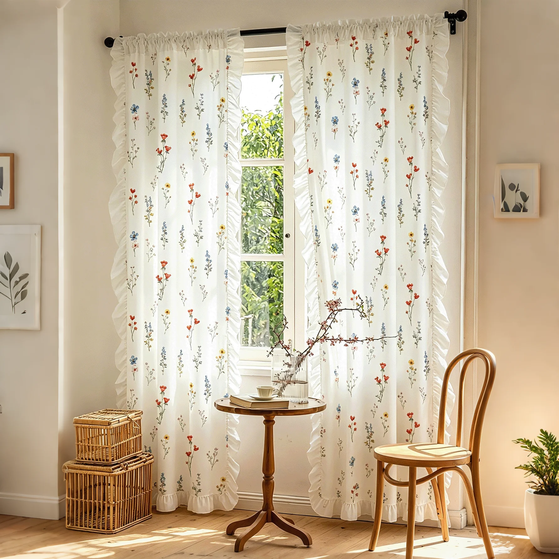 1/2 Panles Floral patterned ruffled lace curtains, blackout and heat-insulating curtains, pastoral and fresh style.