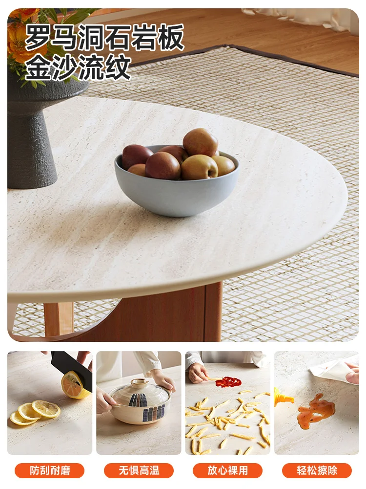 Meja kopi kayu solid lempengan batu travertine