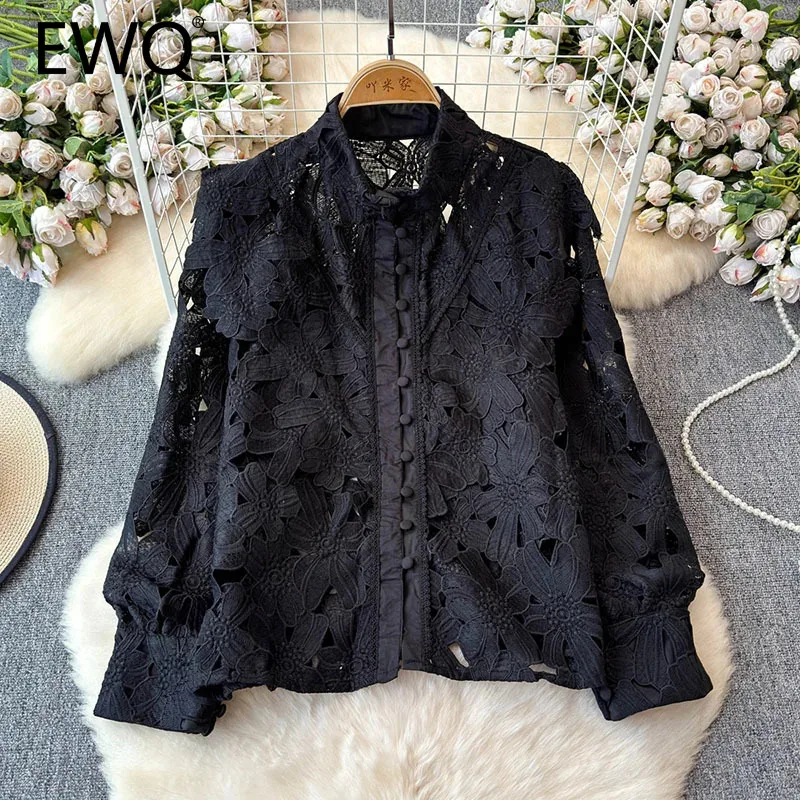 

EWQ Causal Lace Hollow Out Shirt Women Fashion Stand Collar Long Sleeve Solid Color Single Breast Tops Clothing 2024 New 27X522