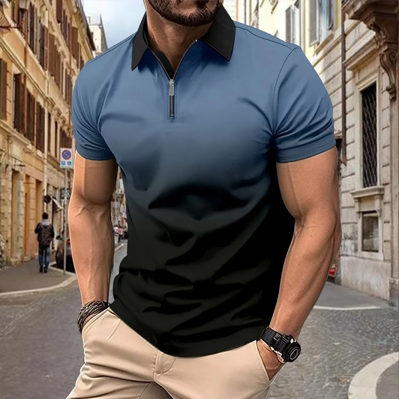 Summer Blue Color Gradient Fashion Men's Polos T-Shirts Short Sleeve 3D Printed Street Trend POLO Tee 6XL Plus Size Casual Tops