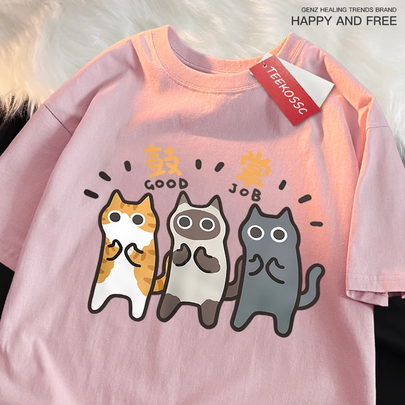 Dance Applauding Cat Print Japanese Style Male Clothes High Quality Oversize T-Shirts Breathable T-Shirt Hip Hop Cotton Tees