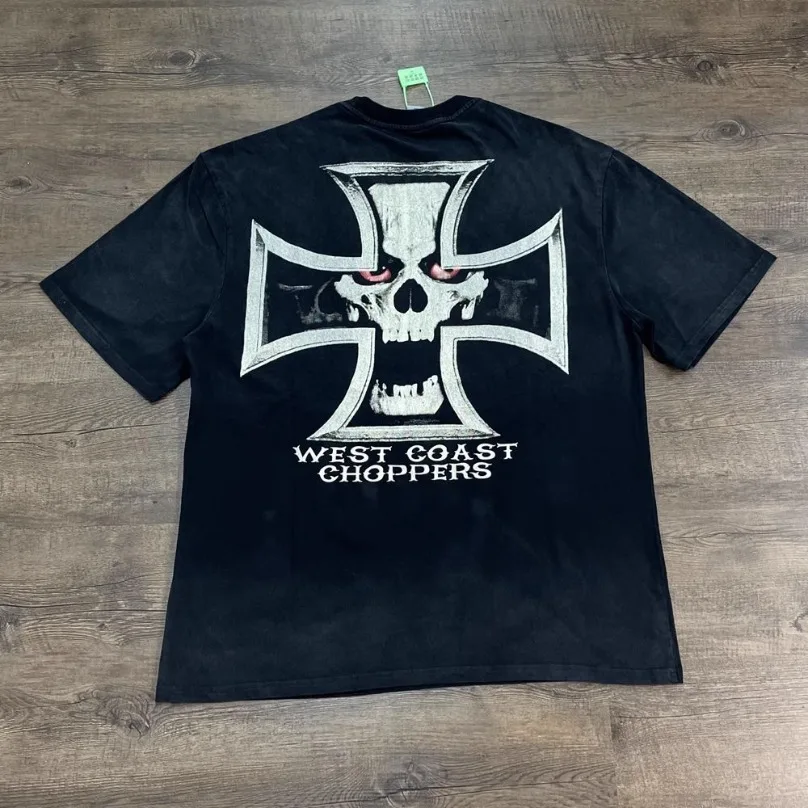 West Coast Choppers Red Eye Skulls Cross Spray Dyeing Graphic T-shirt Men Women Black Heavy Fabric High Quality Loose T Shirt