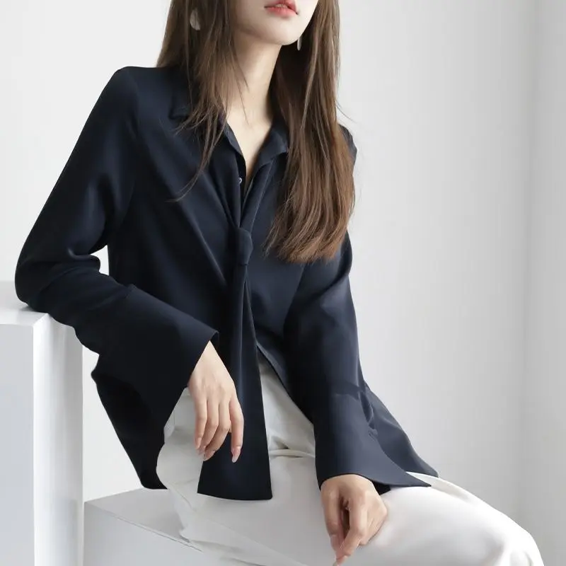 

Women Spring New Detachable Ribbon Long-sleeved Office Lady White Shirts Korean Fashion Female Tops TT840