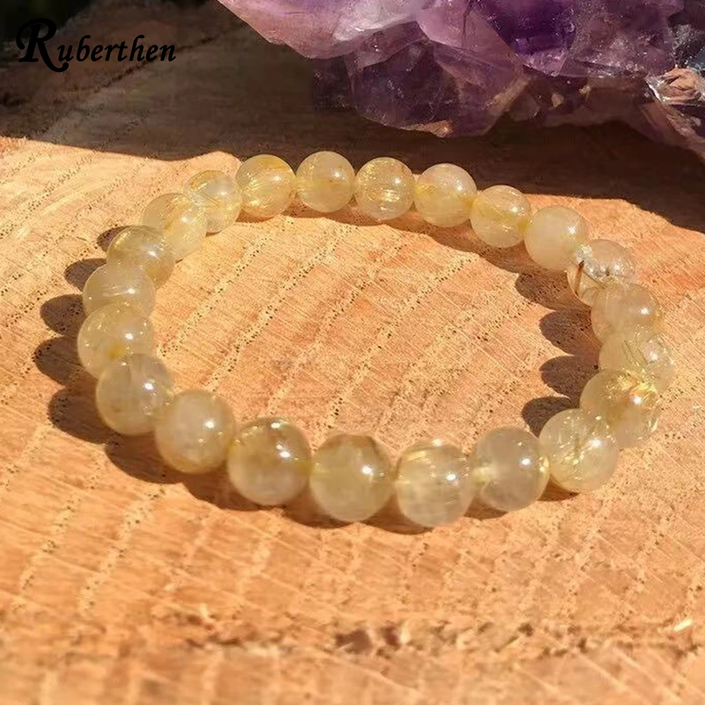 Ruberthen 8 MM Golden Rutilated Quartz Bracelet Womens Natural Gemstone Beaded Chakra Wrist Jewelry