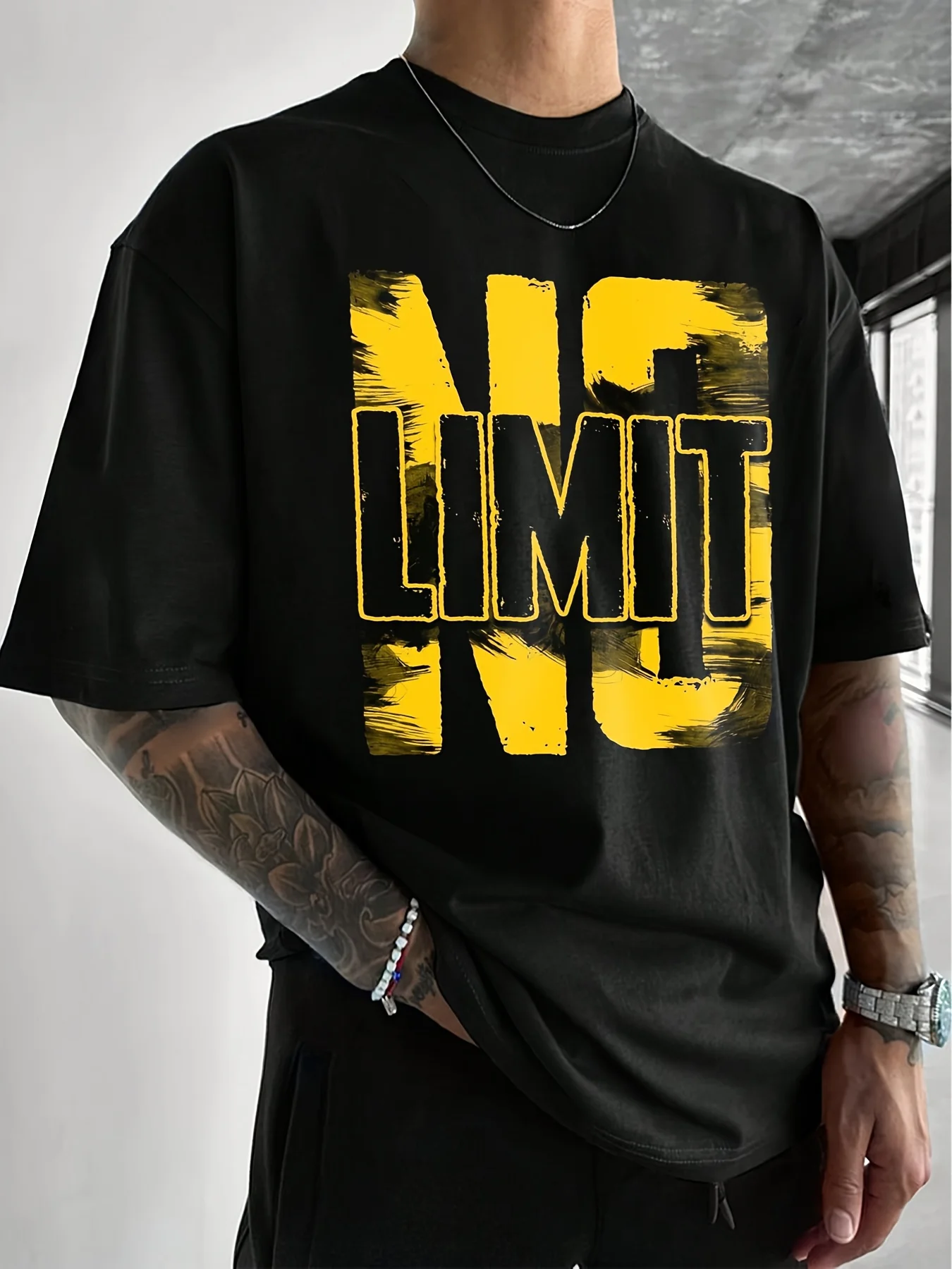 Men'S NO LIMIT Pattern Printed T-Shirt--Breathable, Soft, Lightweight, and Machine Washable, This Regular Fit Short Sleeve T-Shirt Is Suitable for Casual Outdoor Activities and Everyday Wear, Providing Comfort for All Seasons