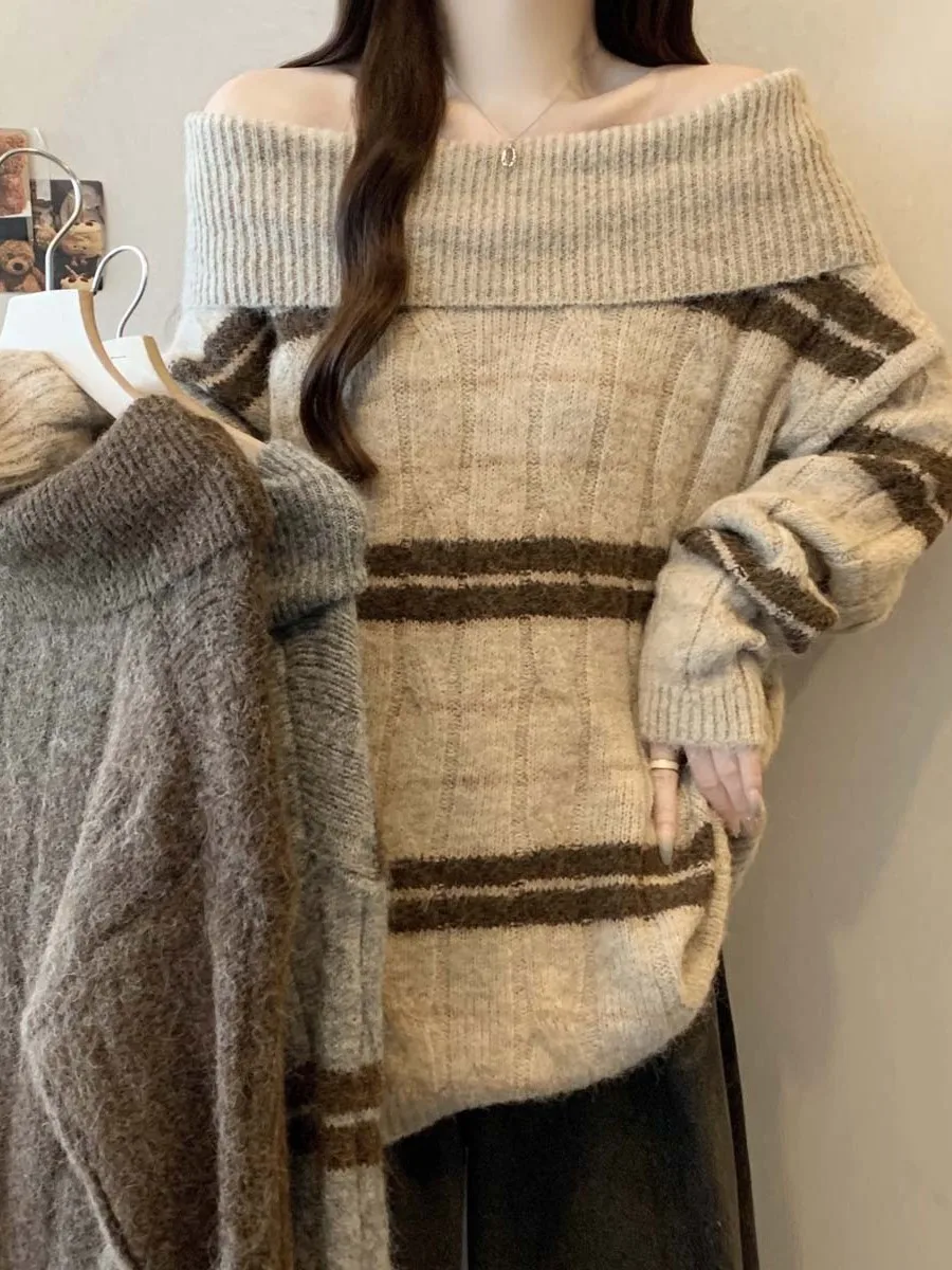 

plus Size Fashionable One Shoulder Long Sleeve Knitted Sweater Autumn Winter Striped Slimming Versatile Design Korean Style W...