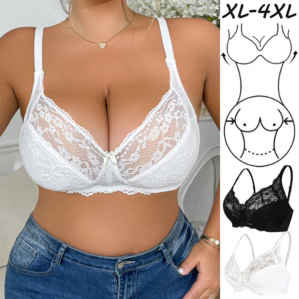 

XL-4XL Floral Lace Bra Women's Sexy Push-Up Bra Hollow Breathable Comfortable Wire-Free Thin Brassiere Adjustable Straps New in