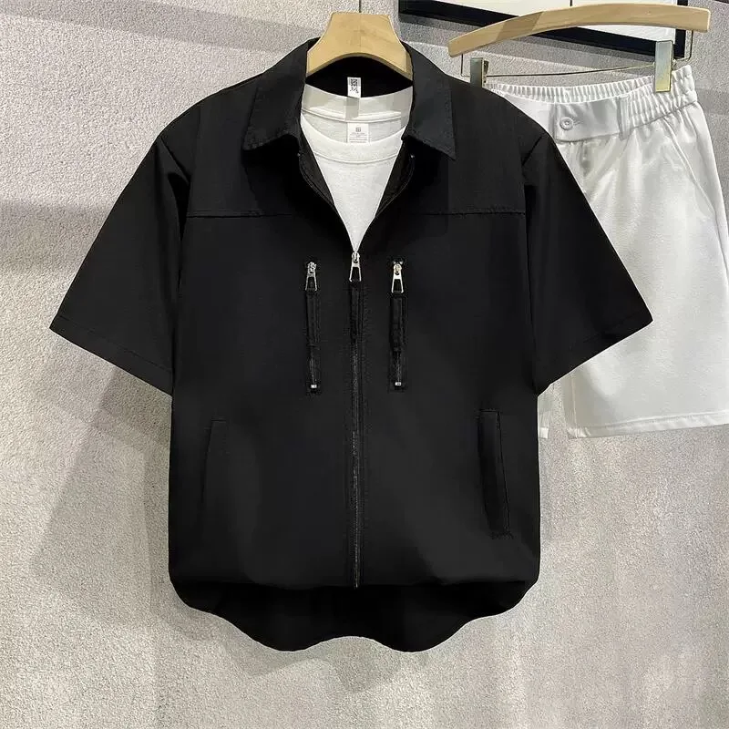 Summer thin shoulder padded short sleeved zipper suit for men, casual half cut…