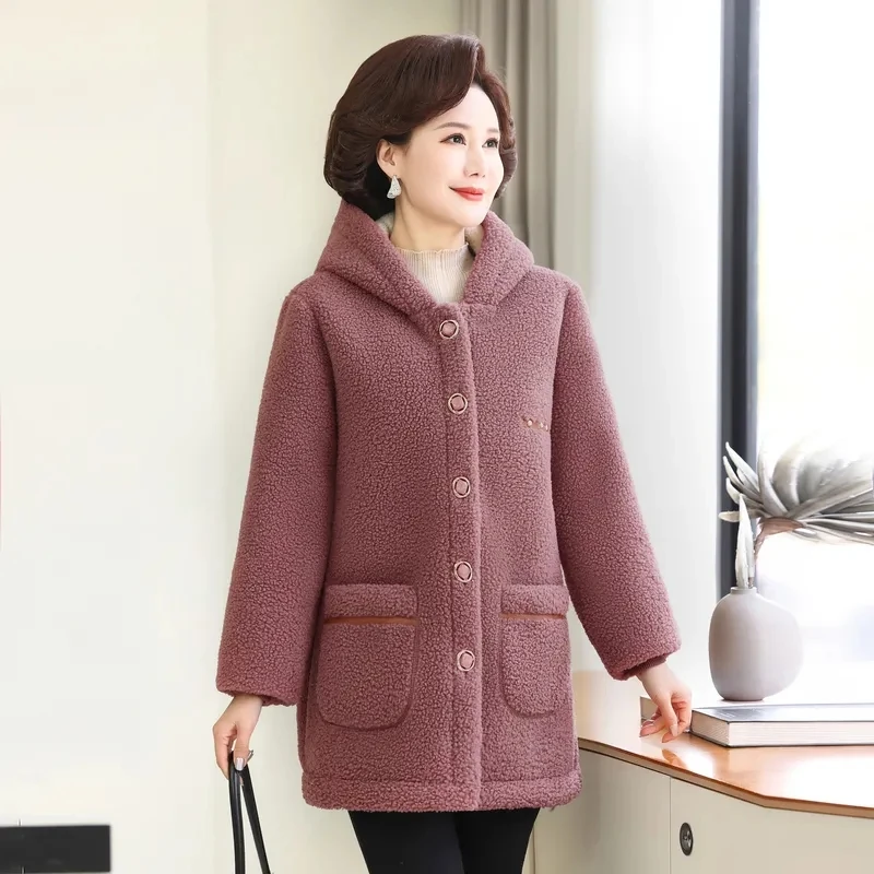 2024 New Winter Coat Middle-aged And Elderly Women's Jackets Korean Mid-Long Hooded Single-breasted Plush Thick Warm Overcoat