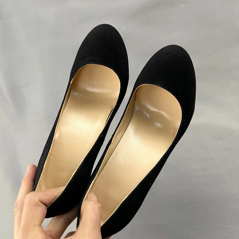 Veowalk 10cm 12cm Black Suede Women Elegant Essential Round Toe Stiletto Pumps Customizable Slip On High Heel Shoes Size 33-46