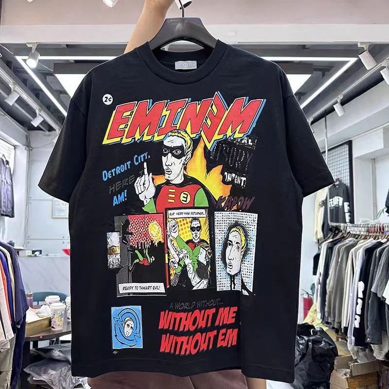 Black White Comic Pattern Printing T Shirts Chaopai Men Woman O-Neck Loose Casual Streetwear Short Sleeve Top Tees