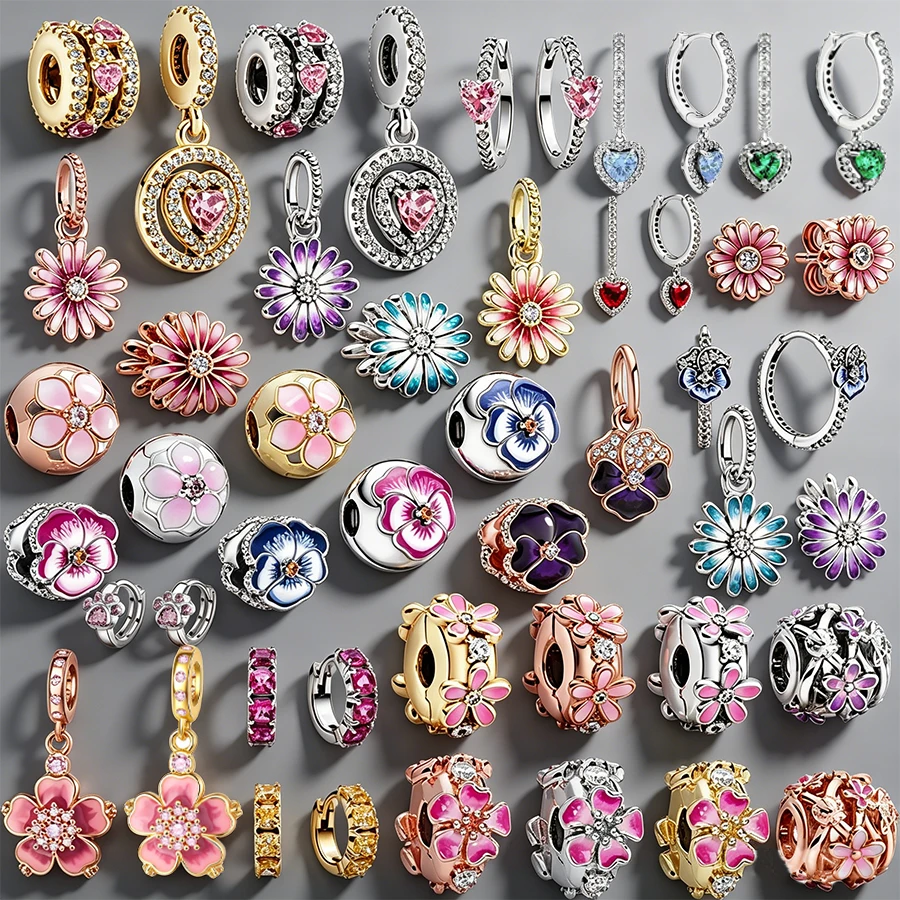 

Hot Gold Plated Flower Charms for Bracelet DIY Jewelry Making Multicolor Enamel Floral Heart CZ Pendant Beads for Women Gift