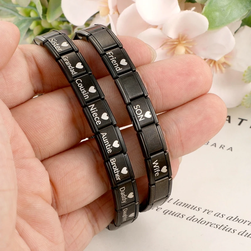 New Laser Engraving Heart Dad Mom Wife Son Italian Charm Links Fit 9MM Stainless Steel Black Module Bracelet DIY Making Gifts