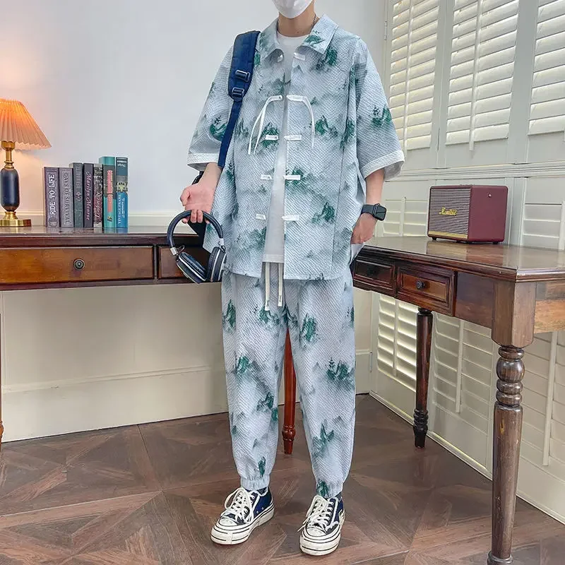 

Graphic Shirts Pants Suits for Men Print High Quality Casual Summer Clothes Two Piece Set Korean Style 2025 Man Trousers Sets