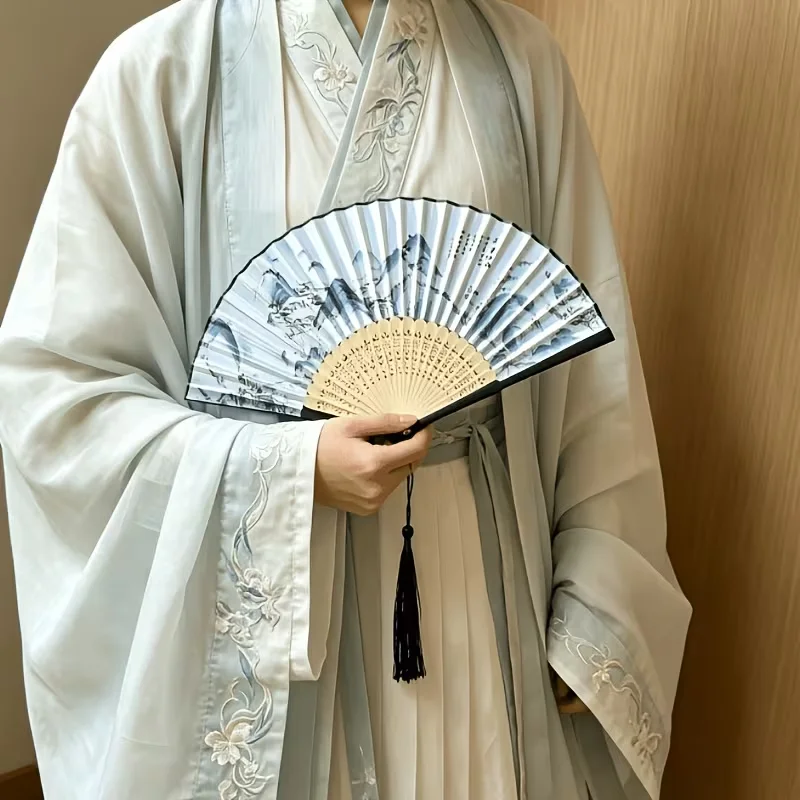 Personalized Custom Logo Text, Laser-Engraved Names and Dates, Ink Landscape Painting Folding Fan, New Chinese Style, Ancient Style, Hanfu Dance Prop, Portable Bamboo Folding Fan