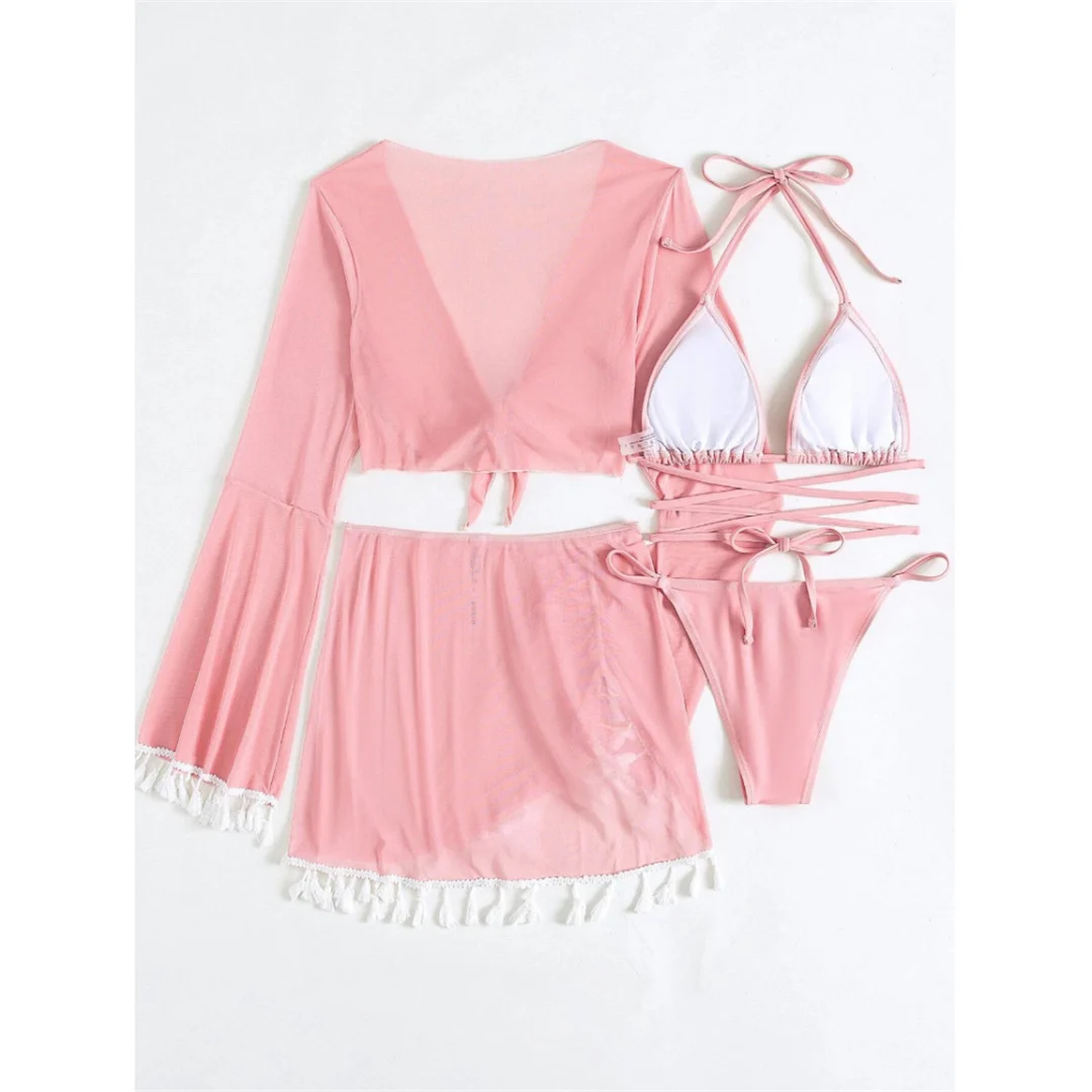 S - XL, mit Fransenrock, langärmeliges Bikini-Set für Damen, Badebekleidung, vierteiliges Bikini-Set, Badeanzug, Badebekleidung, Modell V7060. – Detail 39