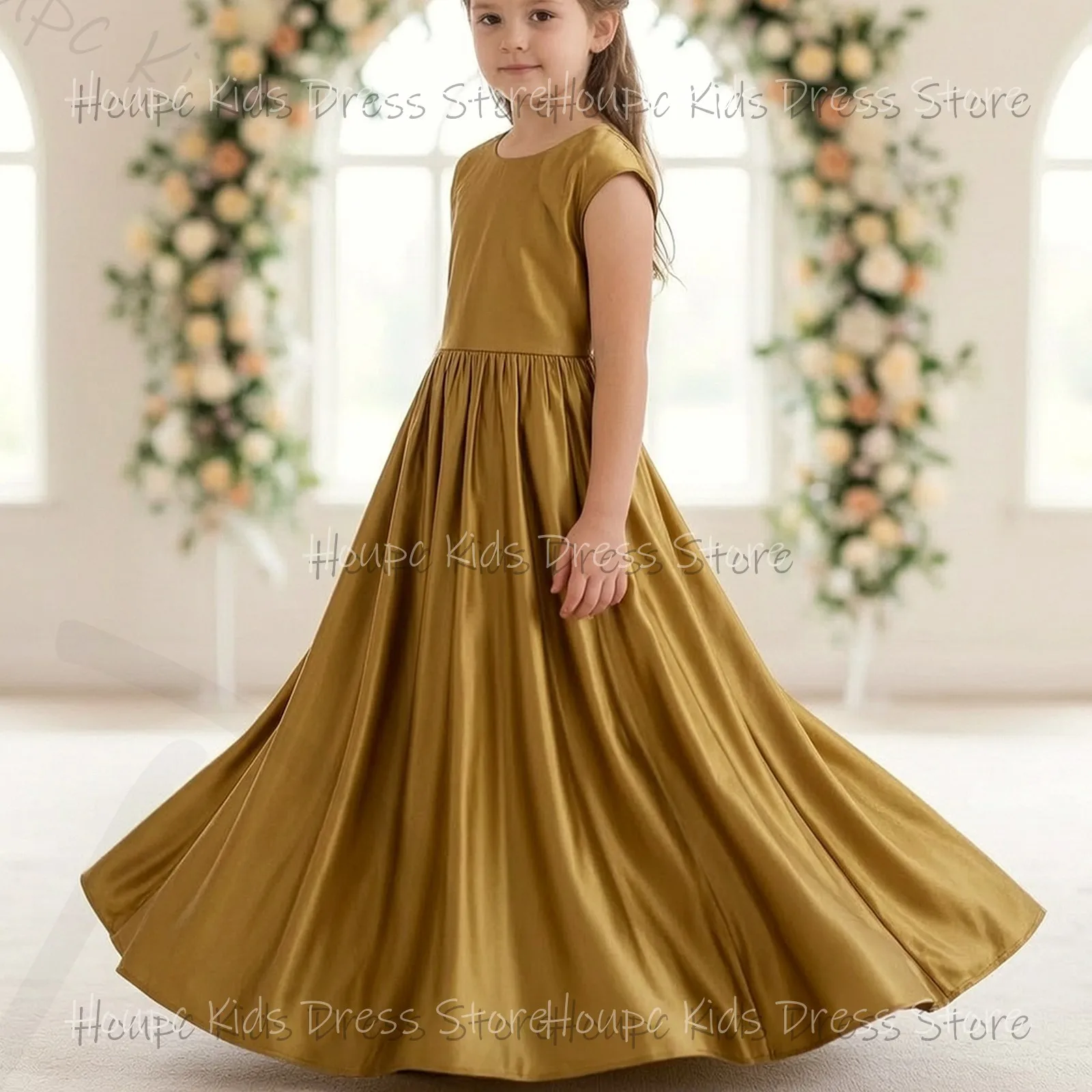 Gold Satin A-Line Skirt with Ruffled Hem Wedding Birthday Party Custom Flower Girl Dresses Evening Party Prom Dresses