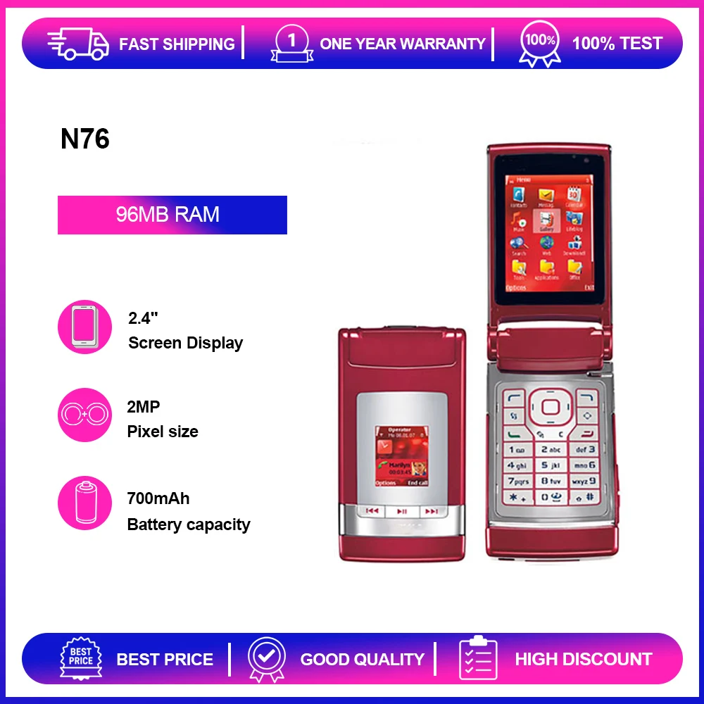 Teléfono Reacondicionado Desbloqueado N76 2MP 700mAh 96MB RAM 2.4 Pulgadas con Teclado Ruso, Árabe y Hebreo en Buen Estado