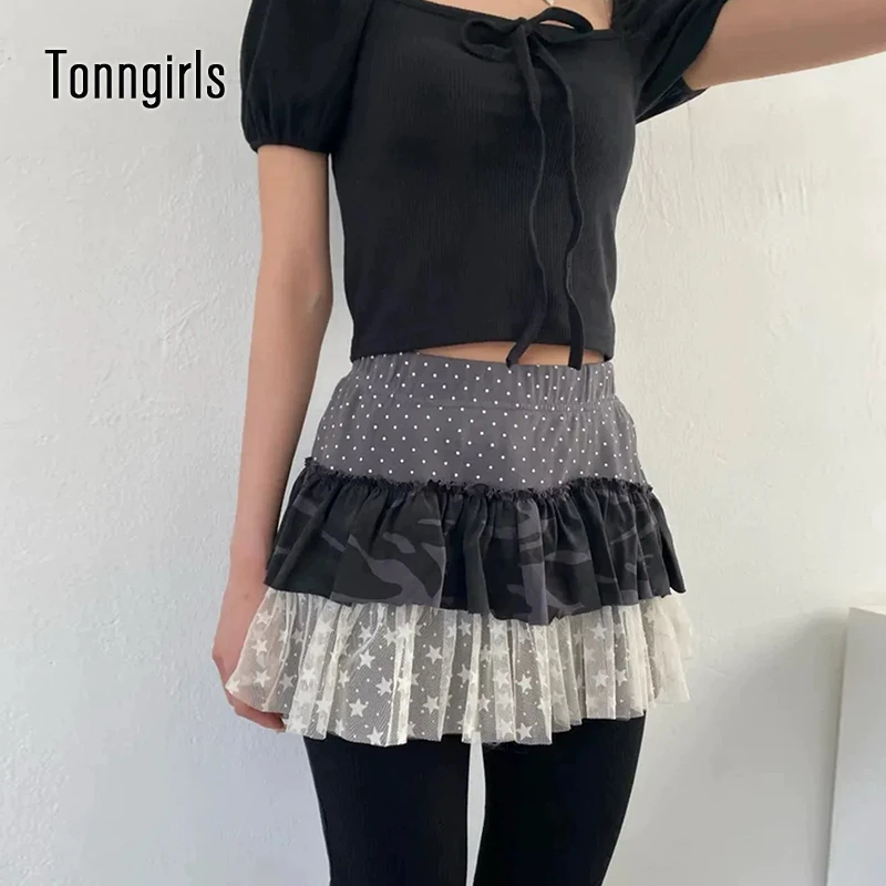

Tonngirls Korean Style Skirt Women Patchwork Tie Dye Mini Skirt A-line Y2k Vintage Tutu Skirt Lace 2000s Japanese Streetwear