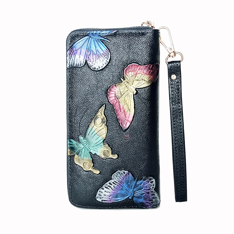 Wallet Woman 2025 Embossed Dragonfly Rose Clutch with Tassel Wristlet Purse Long Genuine Leather Evening Bag Wallets for Women