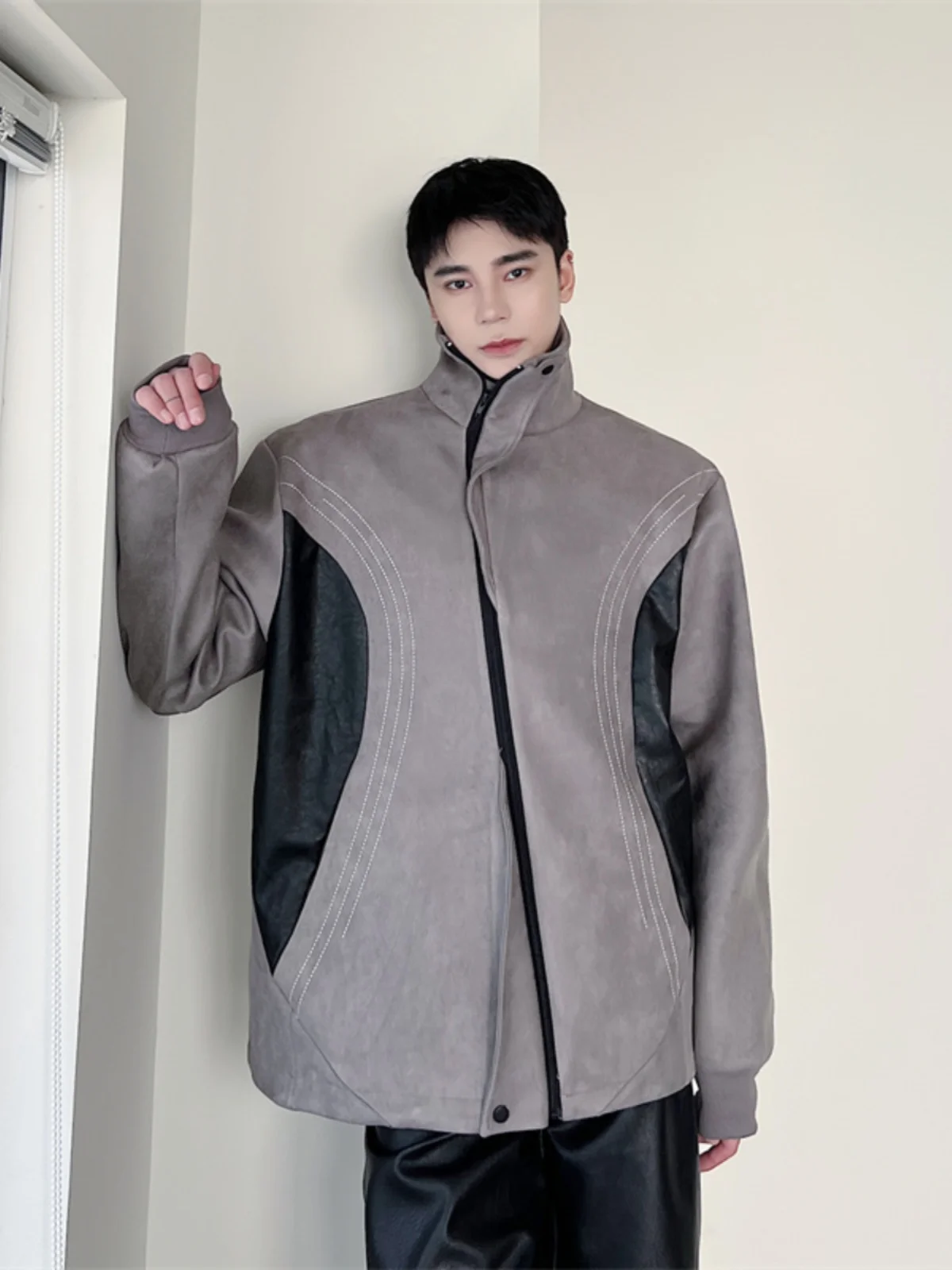 

Autumn Winter Men's Loose Fit Deer Skin Velvet Jaet Stand Collar Patchwork Design Windproof Sli Outerwear Coat