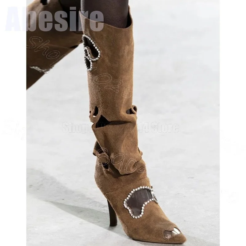 Black PVC Pointed Toe Crystal Decor Runway Boots Slip On Women Shoes Thin High Heels Sexy Party Banquet 2025 Zapatos Para Mujere