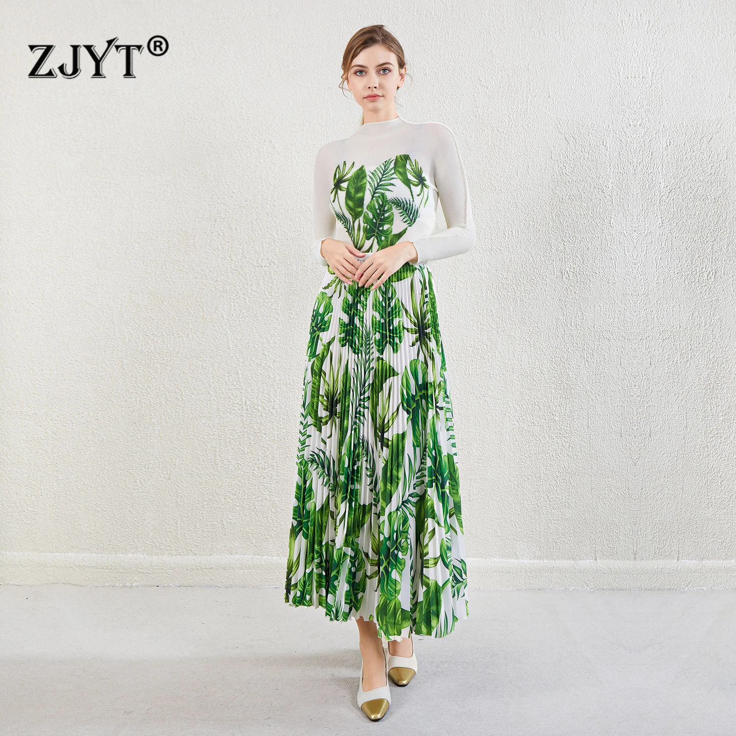 Zjyt 2025 primavera elegante floral impressão manga longa camiseta com saia plissada define 2 peças roupas femininas elegantes ternos de férias