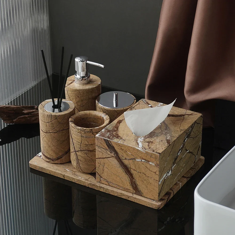 Rainforest Brown Natural Marble Bathroom Accessories Soap Holder Soap Dispenser Tissue Box Vanity Tray Bathroom Set