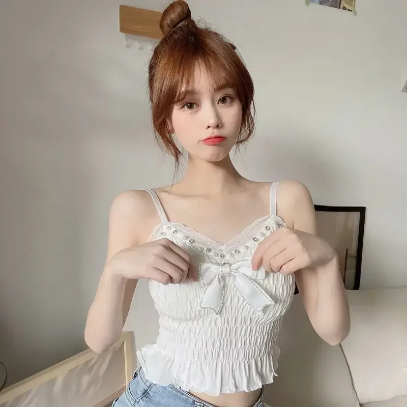 قميص قصير نسائي بتصميم فيونكة كلاسيكية على الطراز الفرنسي أنيق جمالي كلاسيكي كاجوال نسائي صيفي أنيق محاصيل نحيفة بدون أكمام شعبية #2