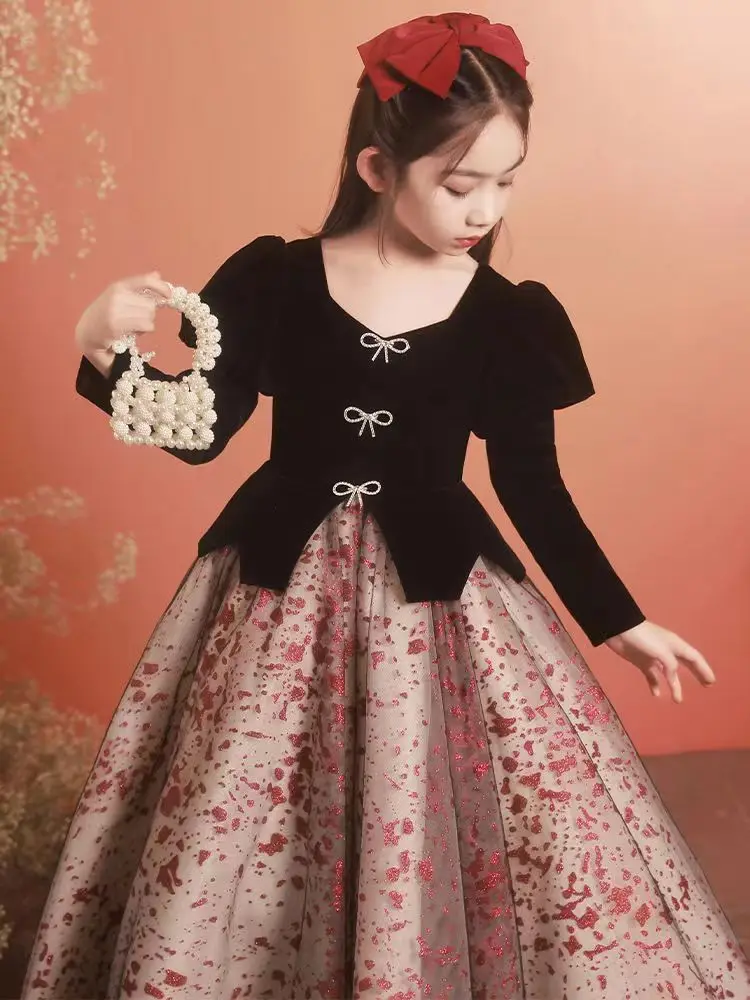 Children host girl piano performance costume Evening dress girl light luxury niche high-end princess dress
