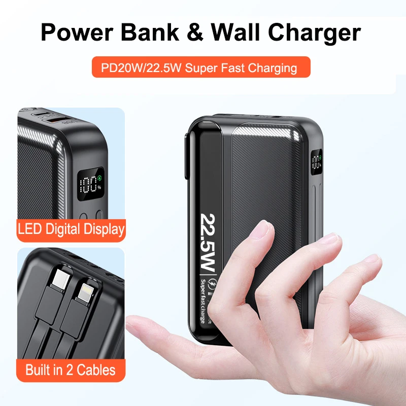 

20000mAh Power Bank with Cable AC Plug Travel Wall Charger Powerbank 22.5W Fast Charging for iPhone 16 Samsung Xiaomi Poverbank