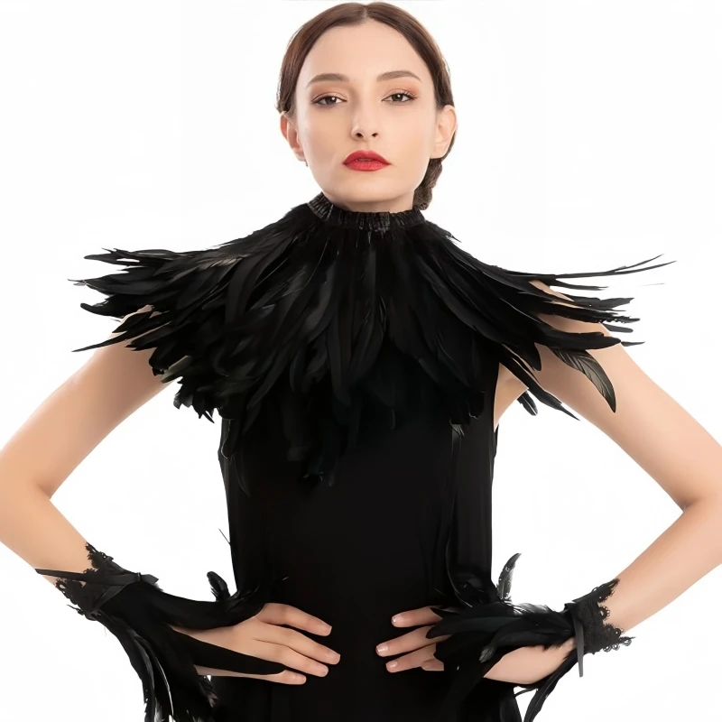Viktorianischer Stil Feder-Spitzenkragen Feder-Handgelenksmanschetten Halloween-Kostüm-Accessoire Bühnenshow Cosplay-Schal & Manschette für Party – Detail 1