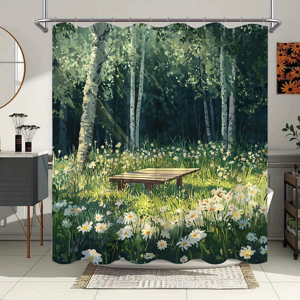 1pc Extra Large 70x70 Inch Bathroom Shower Curtain - Birch Forest Scene with Sunbeams, Blooming Daisies & Wooden Bench