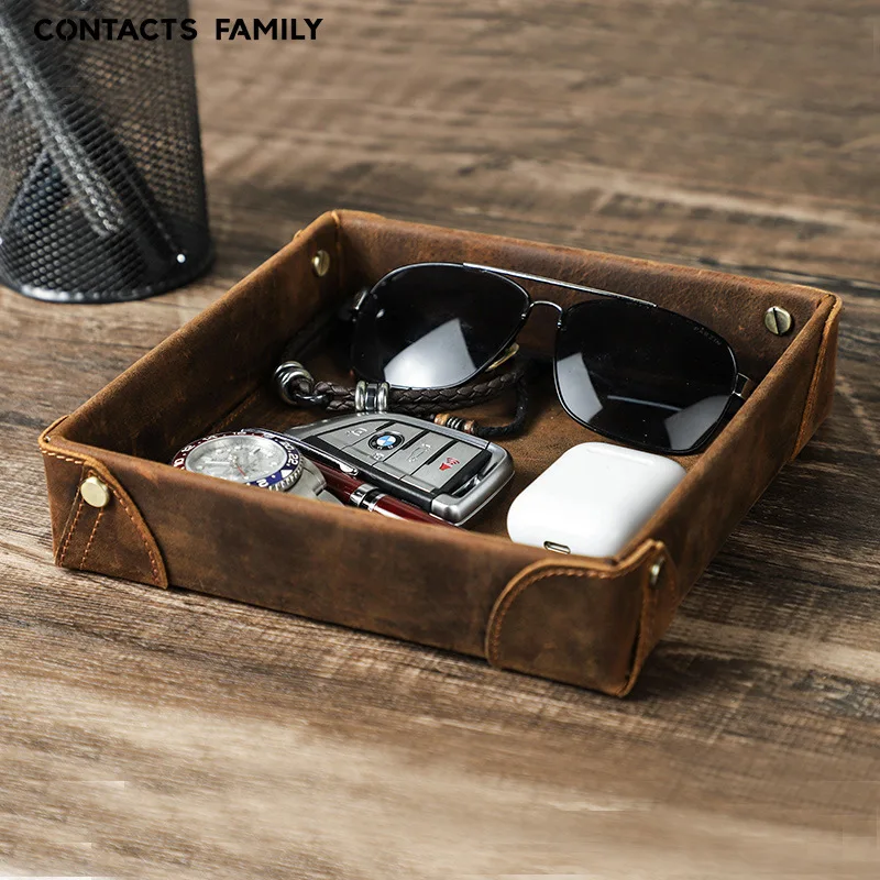 Retro Wild Horse Leather Square Tray Handmade Double-Sided Office Desk Storage Box for Miscellaneous Items