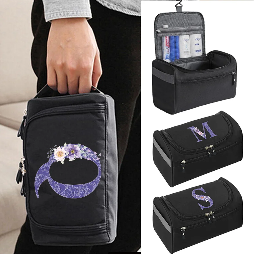 

Portable Cosmetic Storage Bag Toiletries Makeup Organizer Travel Hanging Zipper Purple-flower Pattern Handbag Wash Pouch Case