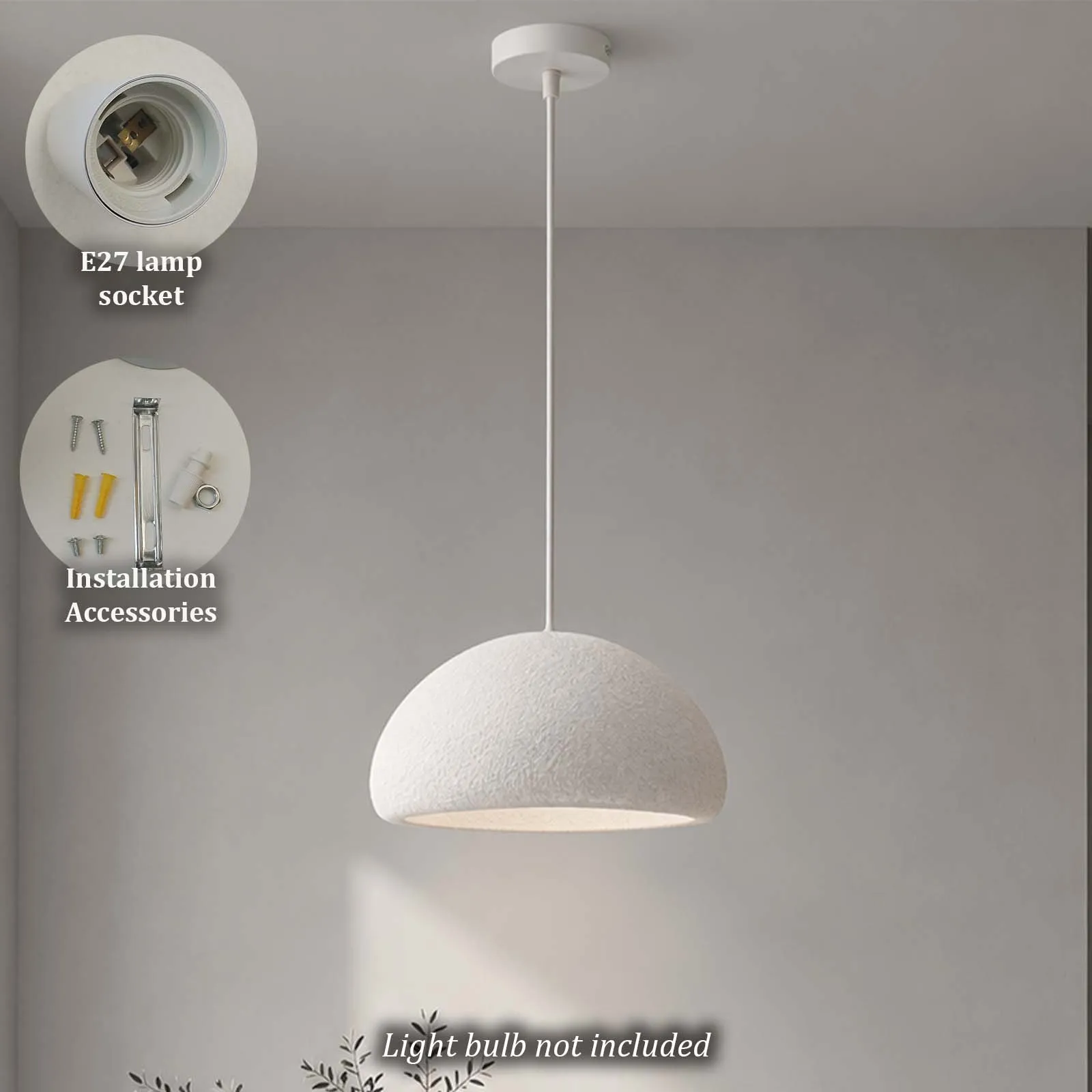 Pendant Light, White Textured Dome Shade, Half Globe, Rough Surface, E27, Wabi Sabi, Dining Room Kitchen Island