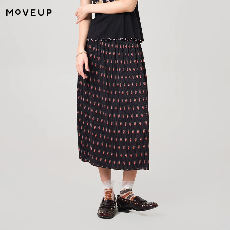 MOVEUP Casual A-Line Skirt 2026 Summer New Elastic Waist Strawberry Printed Striped Pleated Loose Fit Skirt For Women 3ELX20610