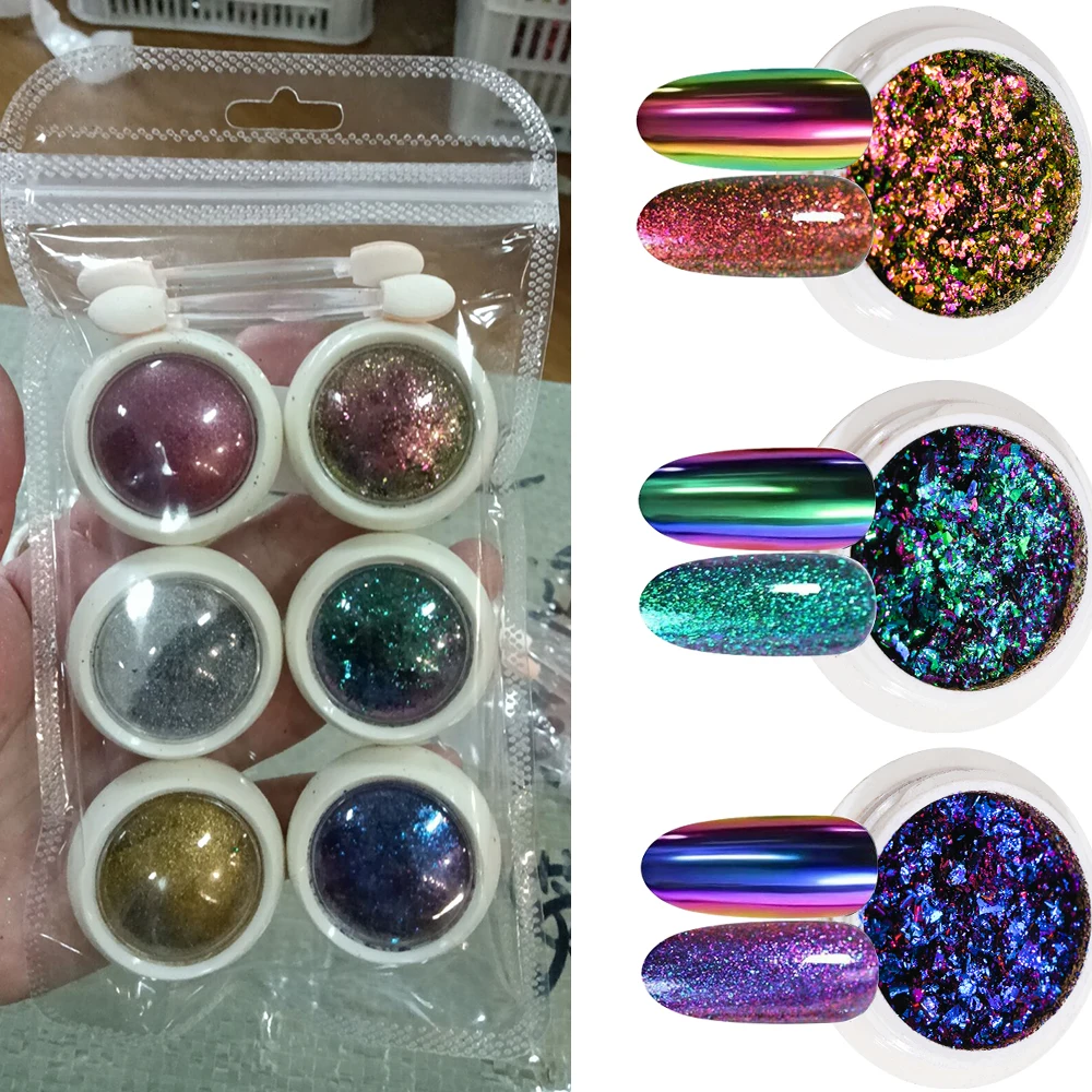 6Pcs/Set Chameleon Nail Glitter Magic Mirror Effect Opal Nails Powder Holographic Chameleon Flakes For UV Gel Nail Decorations