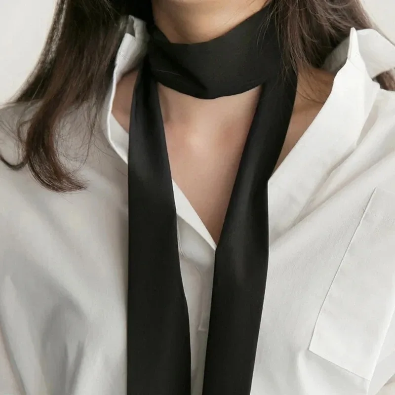 

195x5cm Women's Solid Color Narrow Long Chiffon Silk Scarf Black Hairband Bag Ribbon Streamer Tie Choker Decorations Accessories