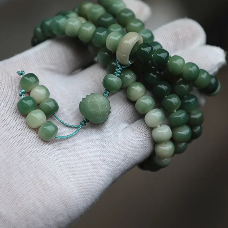 10*8 Dark Green Beaded With Floral Patterns, 108-Bead , Bodhi Seed Necklace, Multi-Layer Bracelet